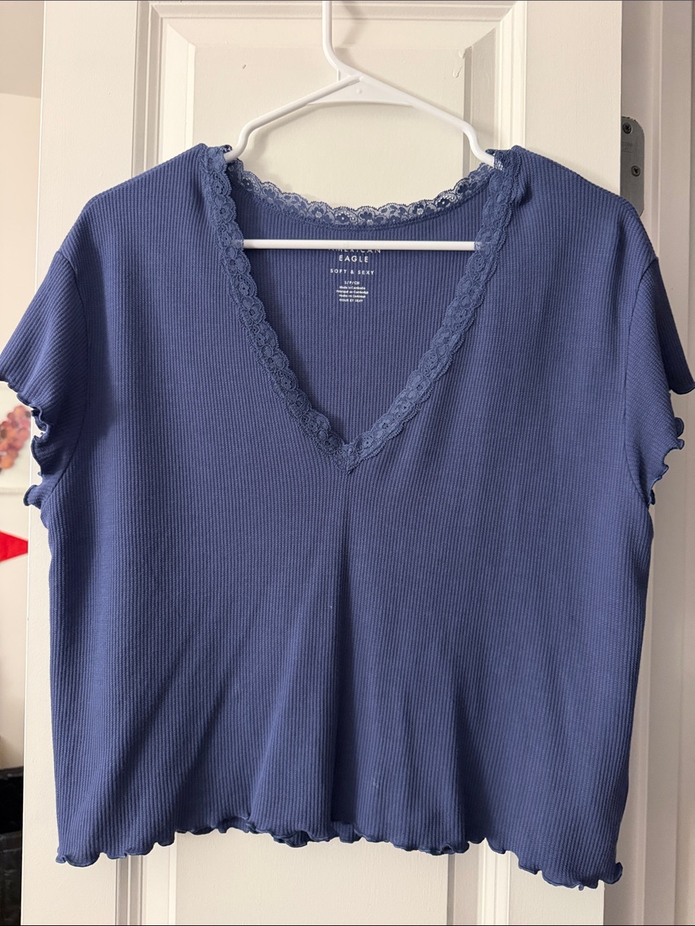 American Eagle Outfitters Ribbed V-Neck Lace-Trim Crop Top - Blue